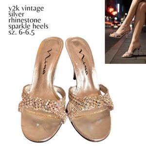 VINTAGE Y2K Nina Silver Rhinestone Crystal Mules - Sz 6 / 6.5 Bling Heels‎
